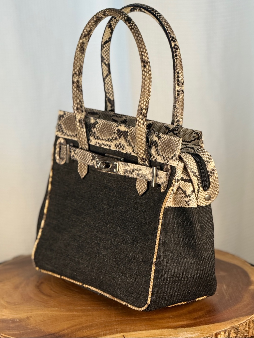 Castellari Milano Italian Leather & Denim Canvas Satchel-Snakeskin Leather Trim